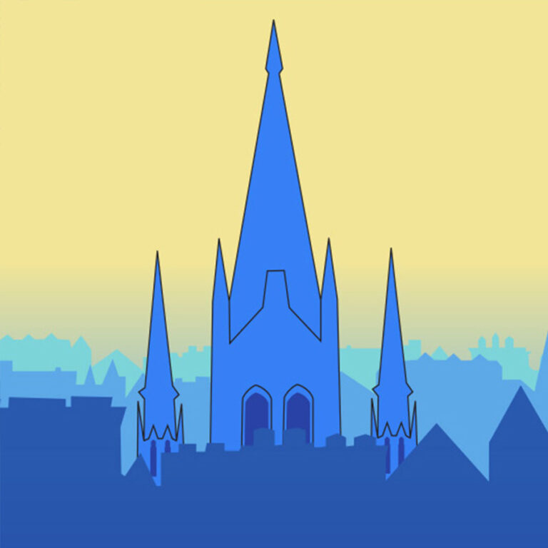 Silhouette bleue d'une église à trois tours entourée de silhouettes bleutées de toits