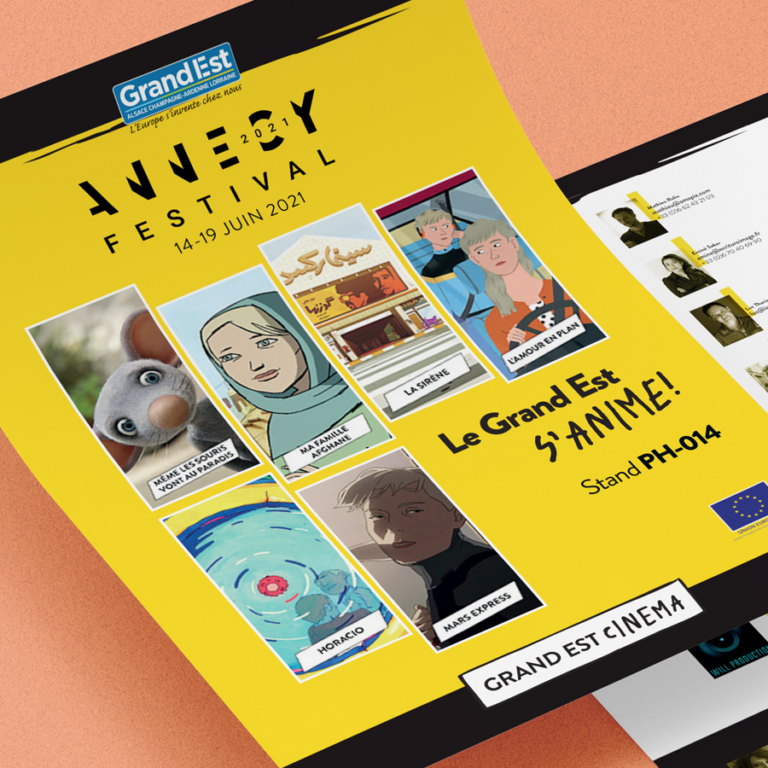 Flyer jaune avec des images des films d'animations produits en Grand Est